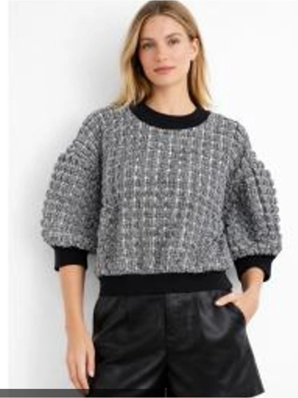 Anthropologie Maeve Puff Gray Tweed Knit Puff-Sleeve Top
